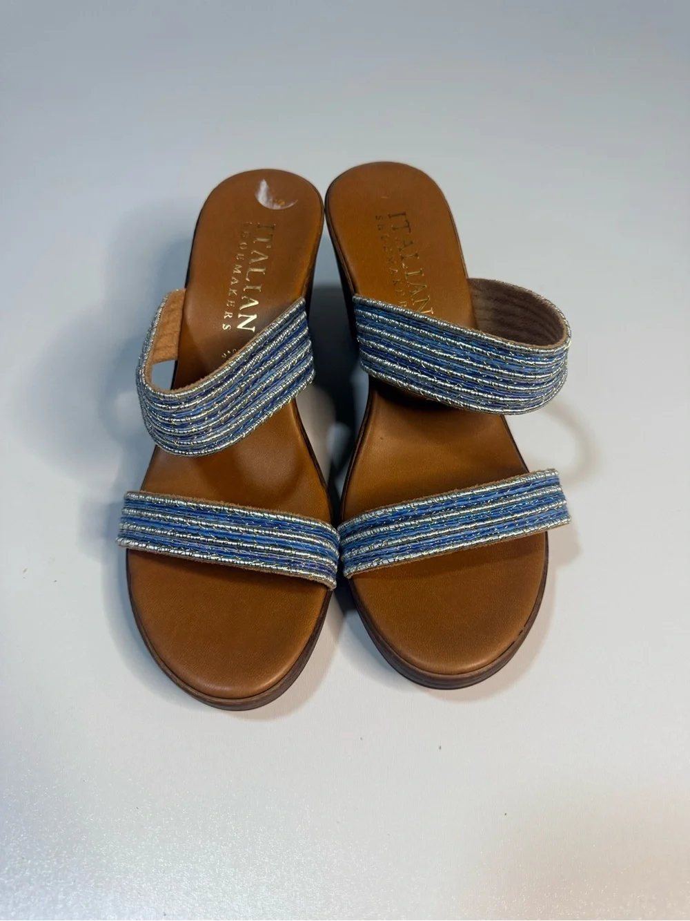 Italina Blue Striped Fabric Wedge Sandals
